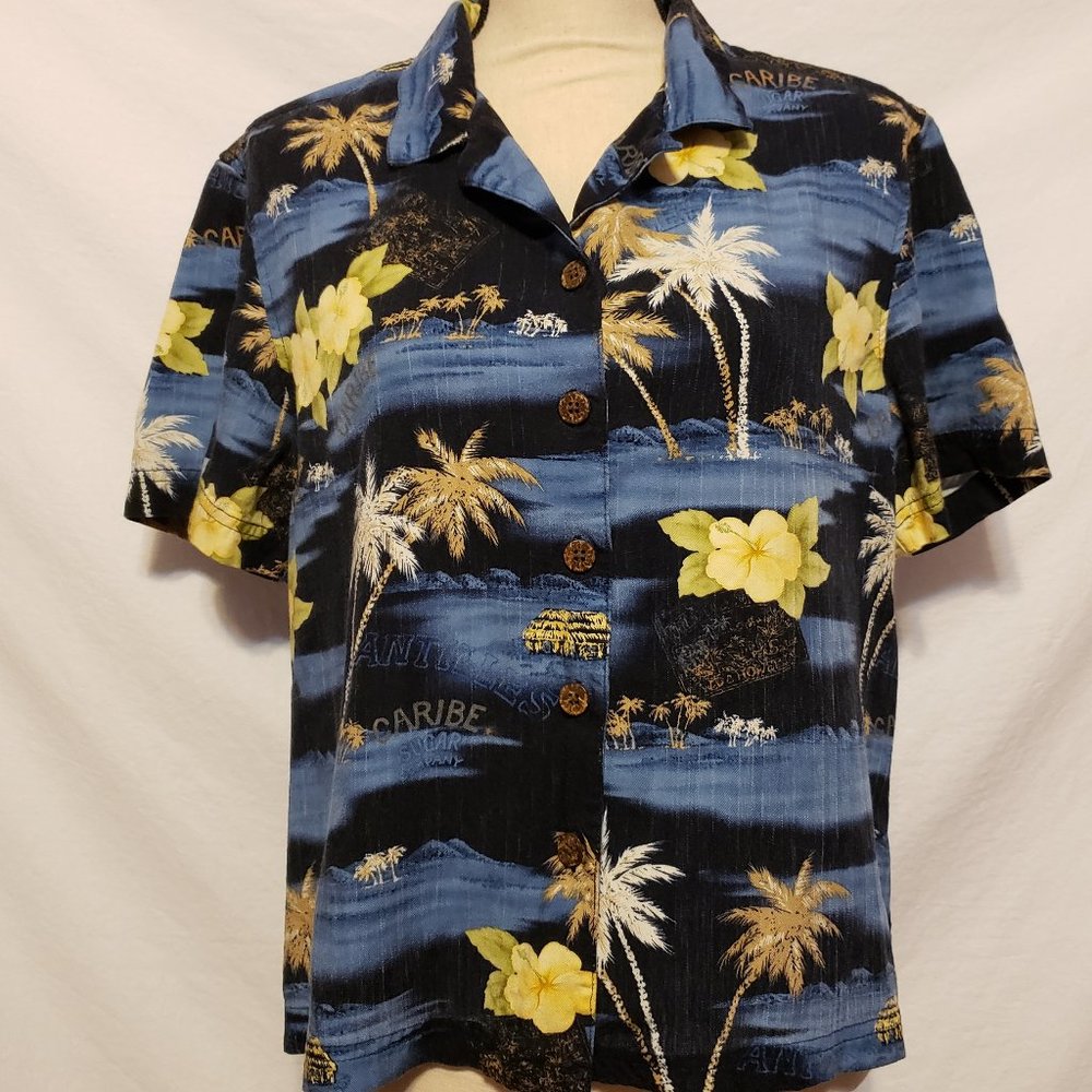 Island Traders Women's Floral Hawaiian Shirt Blue Yellow Large L